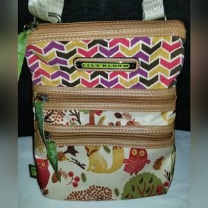 Lily Bloom, owl & fox tan / green crossbody purse w adj strap. MINT condition!